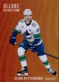 Hockey trading card featuring Elias Pettersson with Vancouver Canucks uniform on orange background